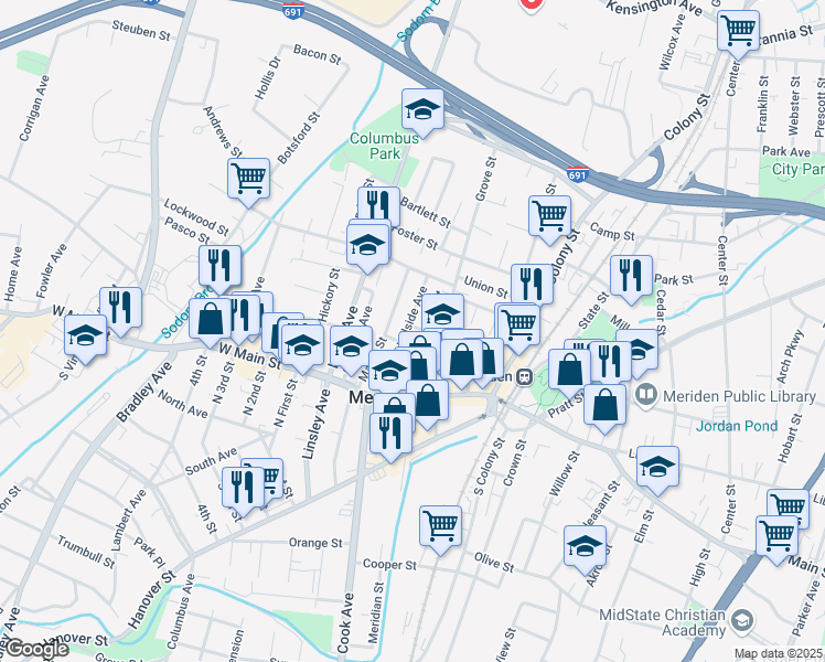 map of restaurants, bars, coffee shops, grocery stores, and more near 13 Prospect Street in Meriden