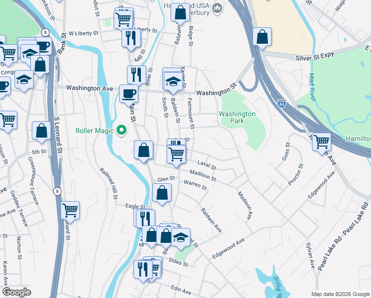 map of restaurants, bars, coffee shops, grocery stores, and more near 955 Baldwin Street in Waterbury