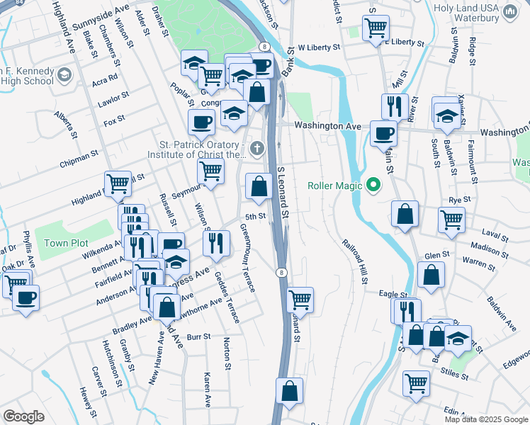 map of restaurants, bars, coffee shops, grocery stores, and more near 20 Gardner Street in Waterbury