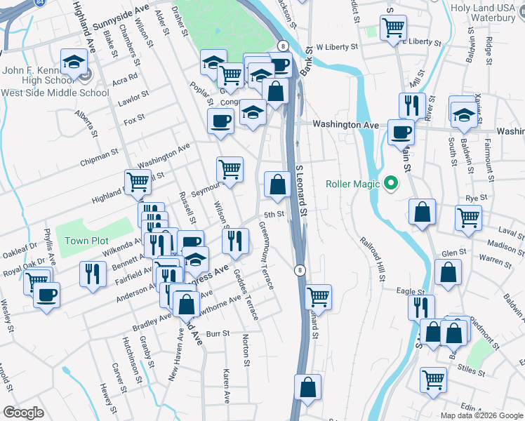 map of restaurants, bars, coffee shops, grocery stores, and more near in Waterbury