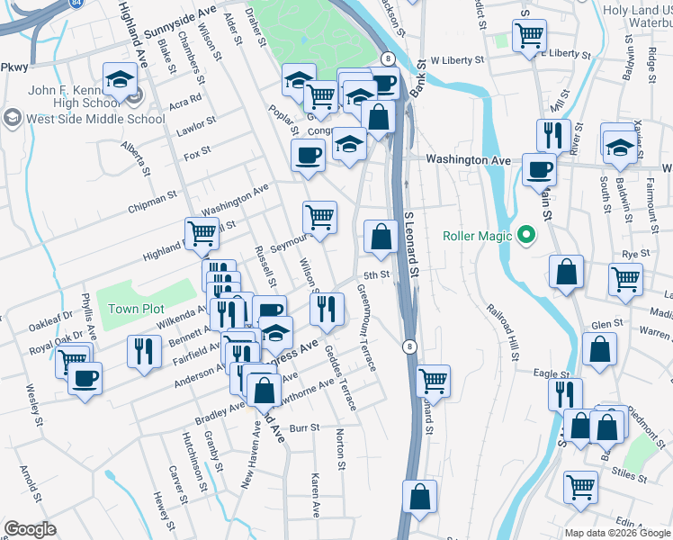 map of restaurants, bars, coffee shops, grocery stores, and more near in Waterbury