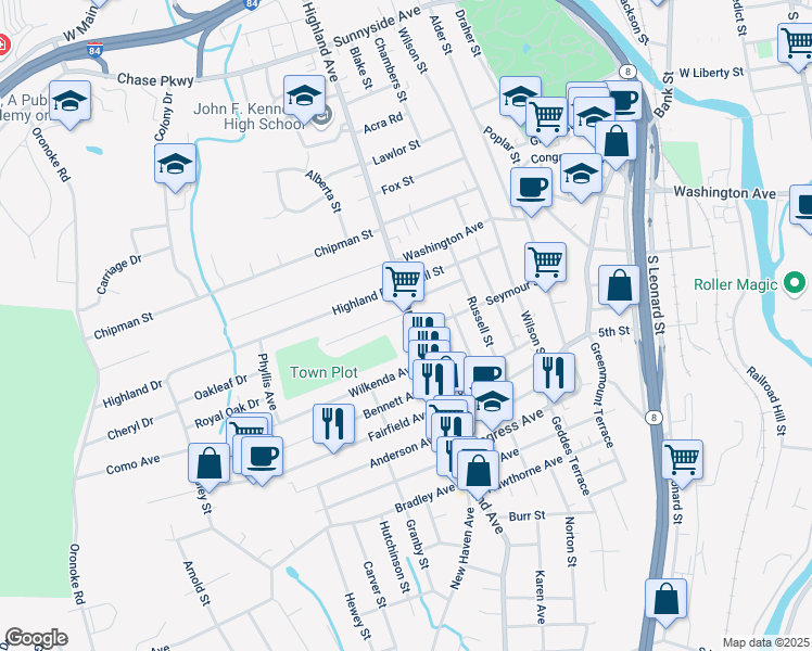 map of restaurants, bars, coffee shops, grocery stores, and more near 37 Rosemount Avenue in Waterbury