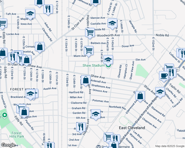 map of restaurants, bars, coffee shops, grocery stores, and more near in East Cleveland