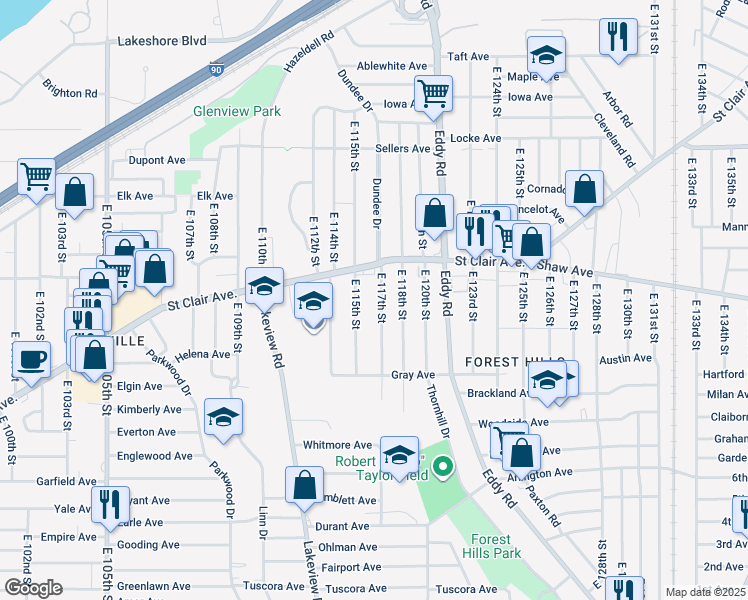 map of restaurants, bars, coffee shops, grocery stores, and more near 651 East 115th Street in Cleveland