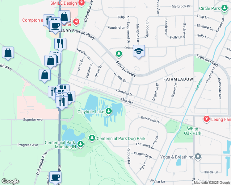 map of restaurants, bars, coffee shops, grocery stores, and more near 1000-1198 45th Street in Munster