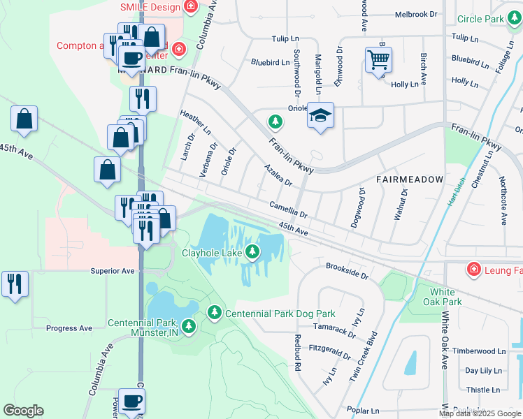 map of restaurants, bars, coffee shops, grocery stores, and more near 1000-1198 45th Street in Munster