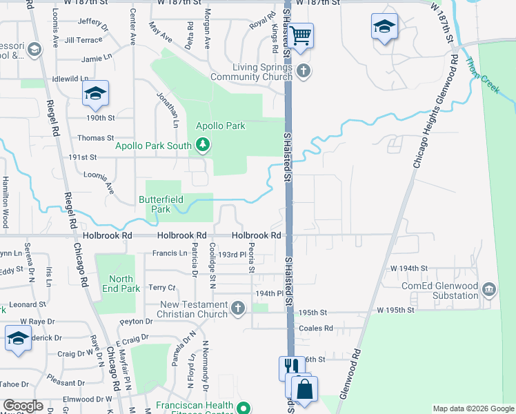 map of restaurants, bars, coffee shops, grocery stores, and more near 19260 South Halsted Street in Homewood