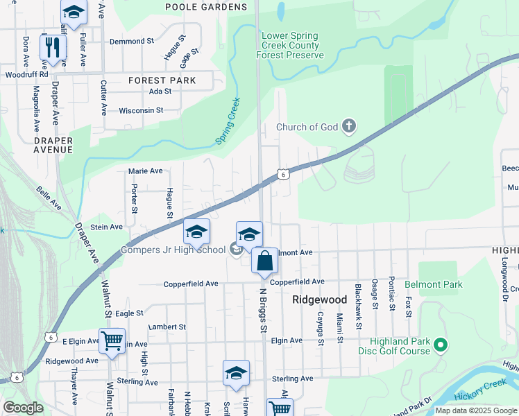 map of restaurants, bars, coffee shops, grocery stores, and more near 1522 Maple Road in Joliet