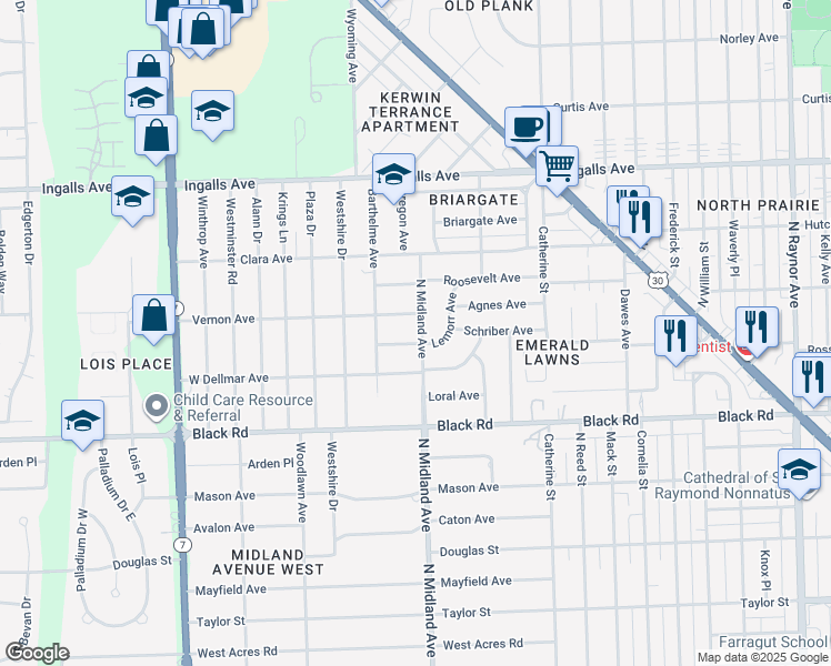 map of restaurants, bars, coffee shops, grocery stores, and more near 907 North Midland Avenue in Joliet