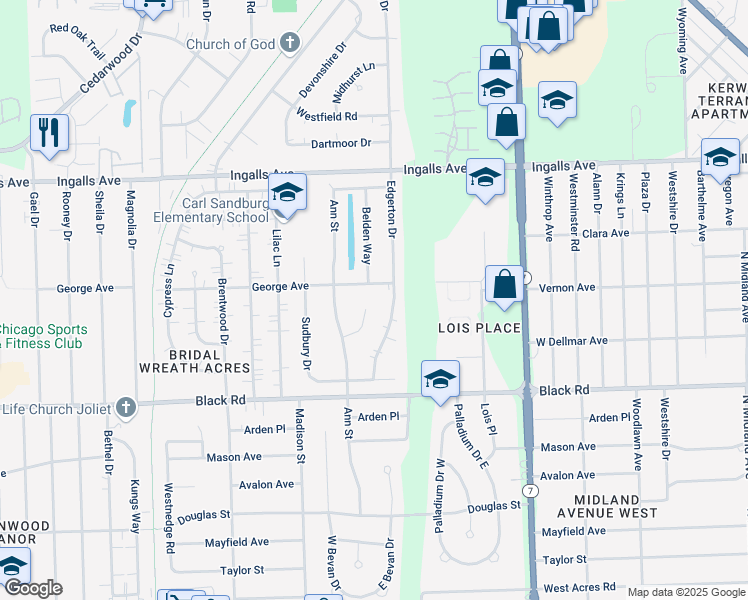 map of restaurants, bars, coffee shops, grocery stores, and more near 905 Stonegate Court in Joliet