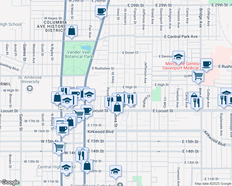 map of restaurants, bars, coffee shops, grocery stores, and more near 324 East Pleasant Street in Davenport