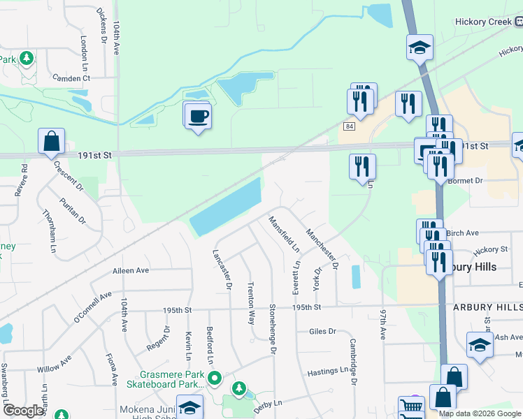 map of restaurants, bars, coffee shops, grocery stores, and more near 19248 Mansfield Lane in Mokena