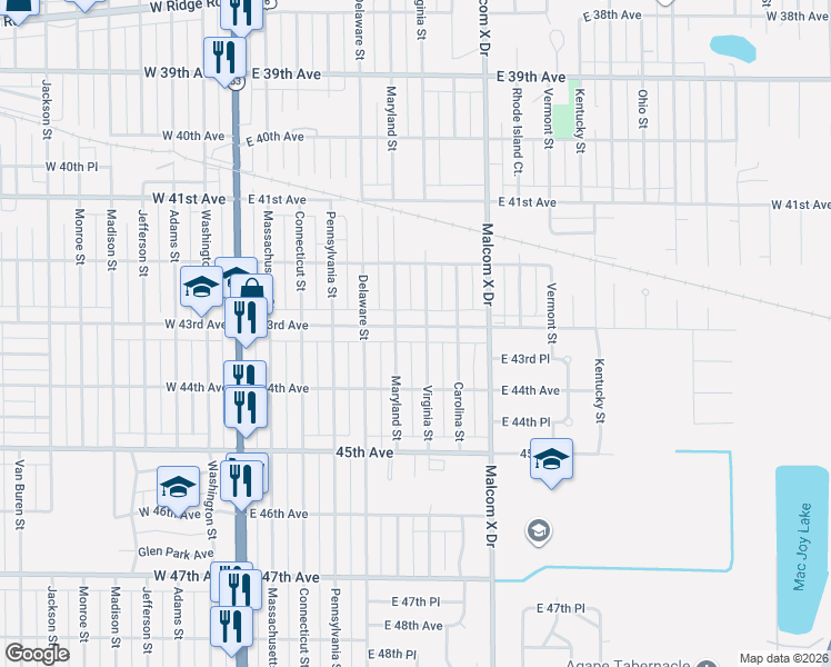 map of restaurants, bars, coffee shops, grocery stores, and more near 4341 Maryland Street in Gary