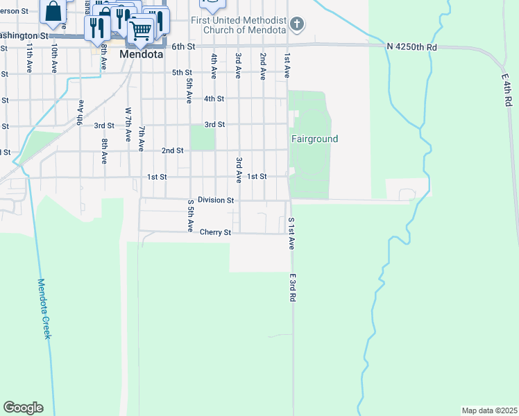 map of restaurants, bars, coffee shops, grocery stores, and more near 206 Cherry Street in Mendota