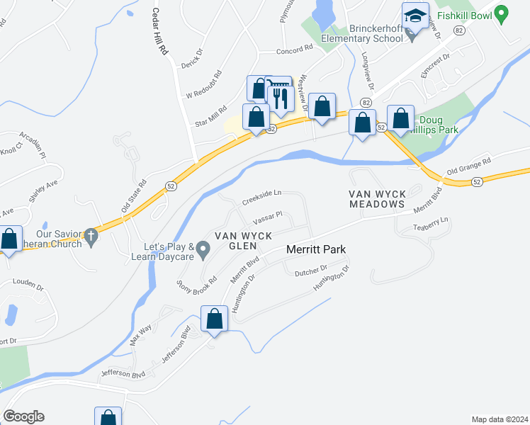 map of restaurants, bars, coffee shops, grocery stores, and more near 411 Vassar Place in Fishkill
