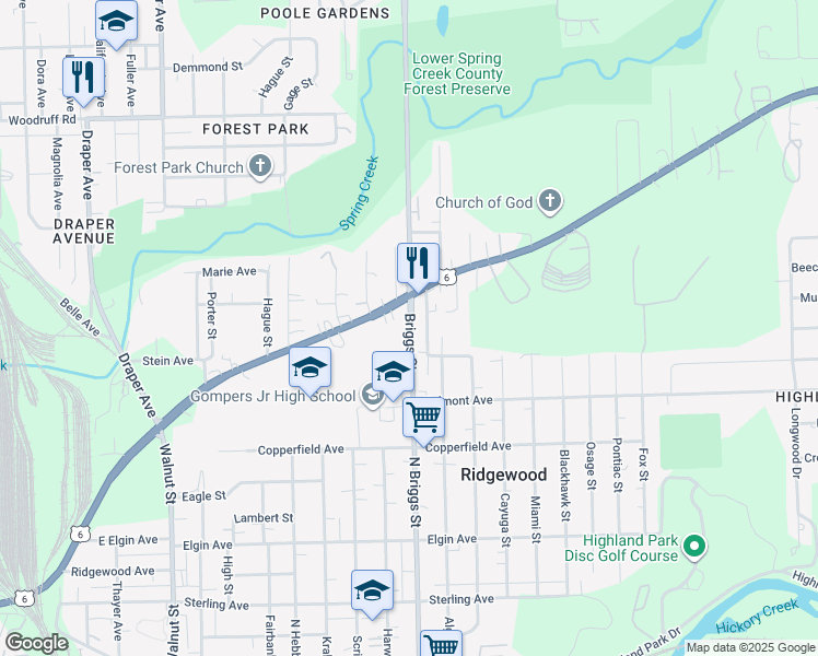 map of restaurants, bars, coffee shops, grocery stores, and more near 1522 Maple Road in Joliet