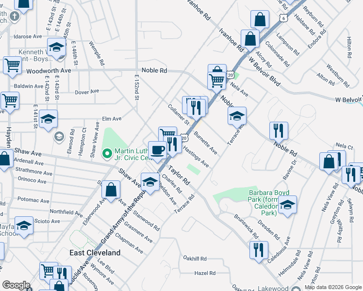 map of restaurants, bars, coffee shops, grocery stores, and more near 15652 Euclid Ave in Cleveland