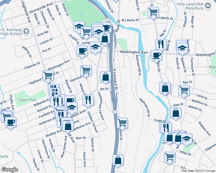 map of restaurants, bars, coffee shops, grocery stores, and more near 20 Gardner Street in Waterbury