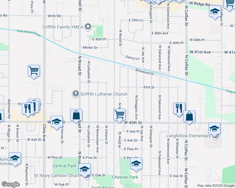 map of restaurants, bars, coffee shops, grocery stores, and more near 1008-10 North Wood Street in Griffith