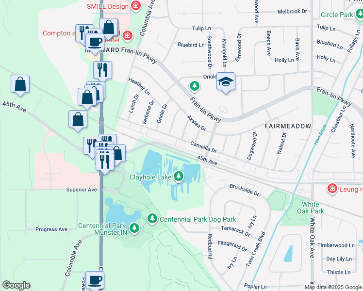 map of restaurants, bars, coffee shops, grocery stores, and more near 1000-1198 45th Street in Munster