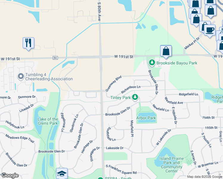 map of restaurants, bars, coffee shops, grocery stores, and more near 7932 Richardson Lane in Tinley Park