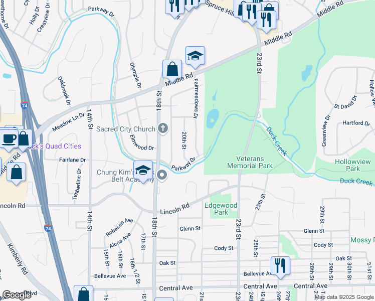 map of restaurants, bars, coffee shops, grocery stores, and more near Duck Creek Trail Parkway in Bettendorf