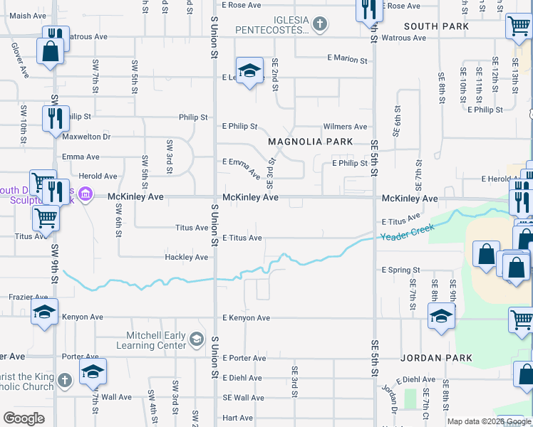 map of restaurants, bars, coffee shops, grocery stores, and more near 120 East Titus Avenue in Des Moines