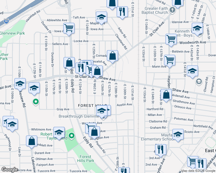 map of restaurants, bars, coffee shops, grocery stores, and more near 655 East 127th Street in Cleveland