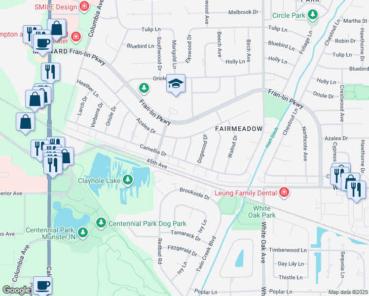 map of restaurants, bars, coffee shops, grocery stores, and more near 1230 Camellia Drive in Munster