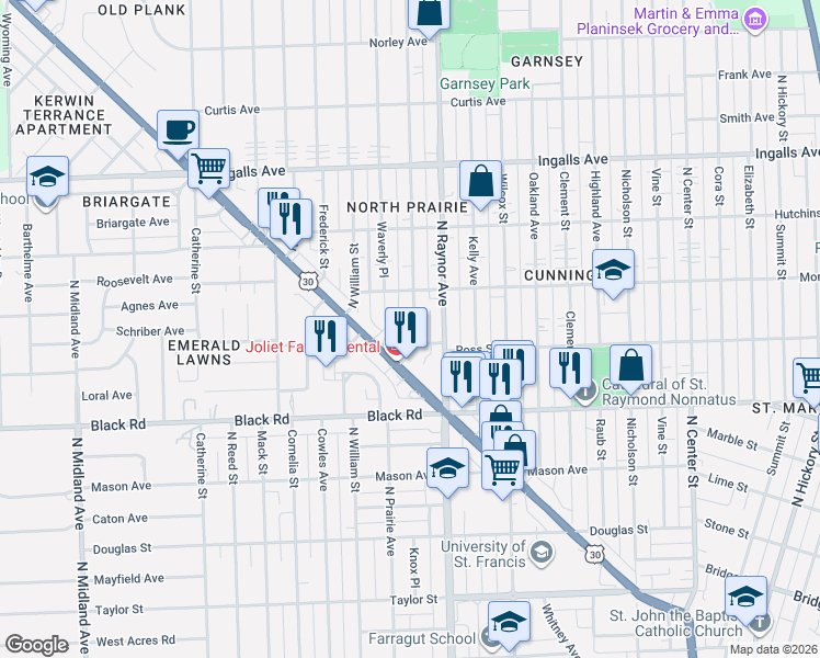 map of restaurants, bars, coffee shops, grocery stores, and more near 868 Ross Street in Joliet