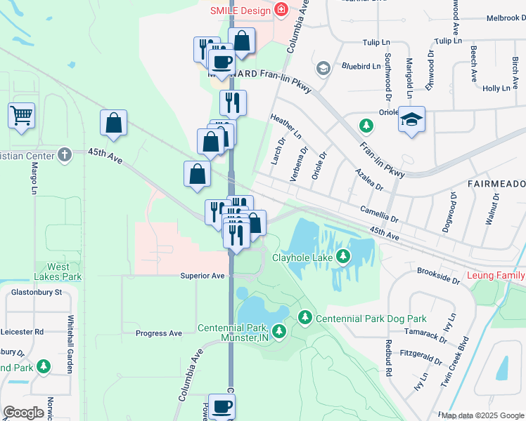 map of restaurants, bars, coffee shops, grocery stores, and more near 9505 Calumet Avenue in Munster