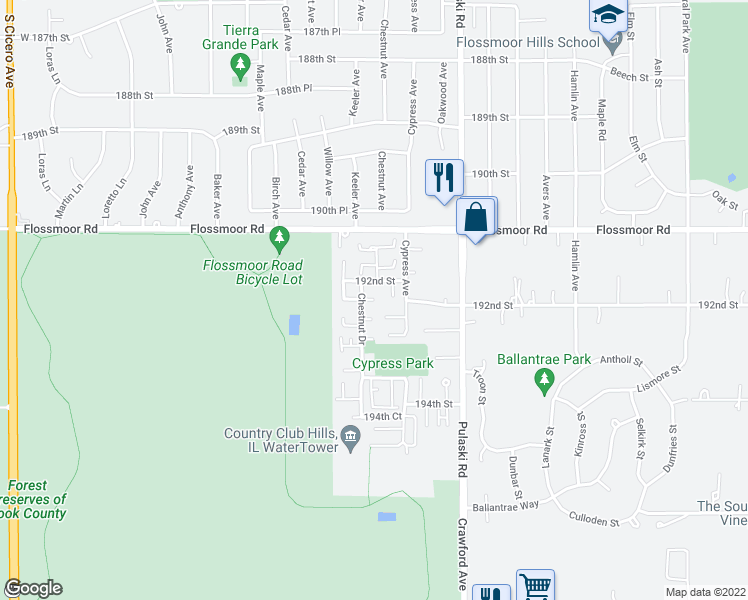 map of restaurants, bars, coffee shops, grocery stores, and more near 4100 192nd Place in Country Club Hills