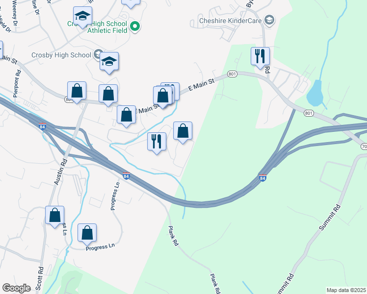 map of restaurants, bars, coffee shops, grocery stores, and more near 3776 East Main Street in Waterbury