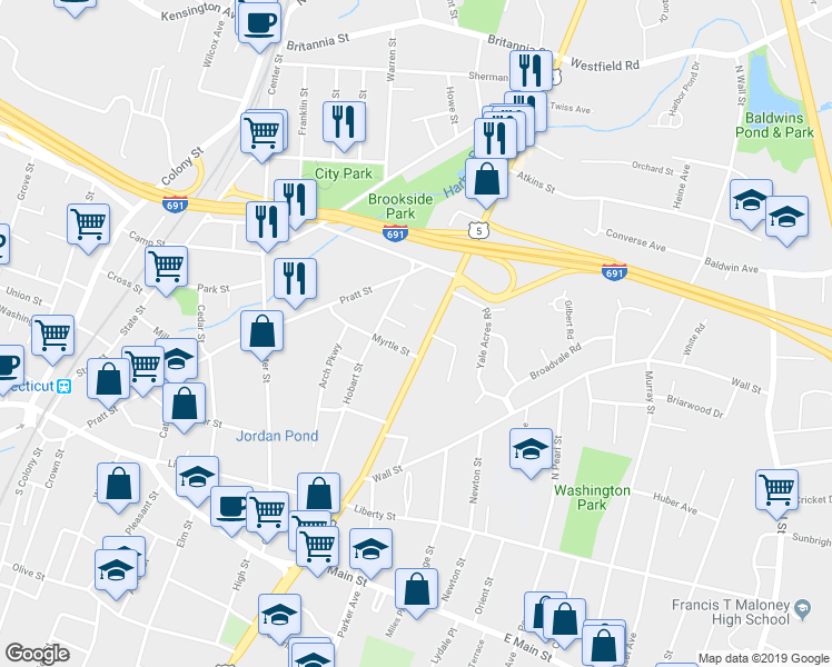 map of restaurants, bars, coffee shops, grocery stores, and more near 816 Broad Street in Meriden