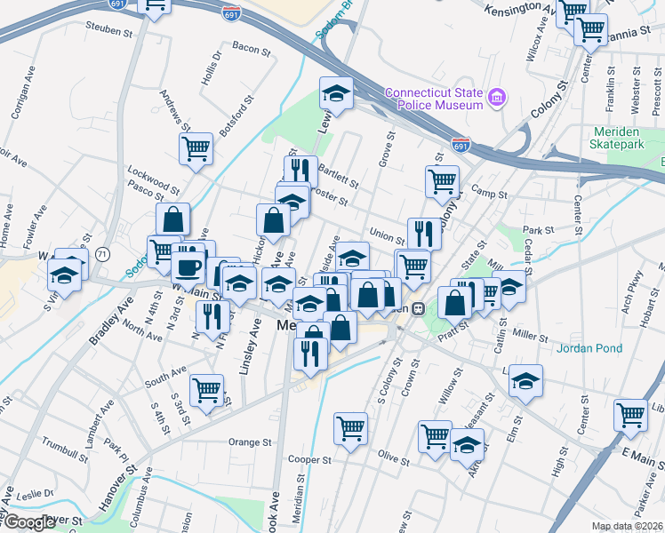 map of restaurants, bars, coffee shops, grocery stores, and more near 65 Hillside Avenue in Meriden