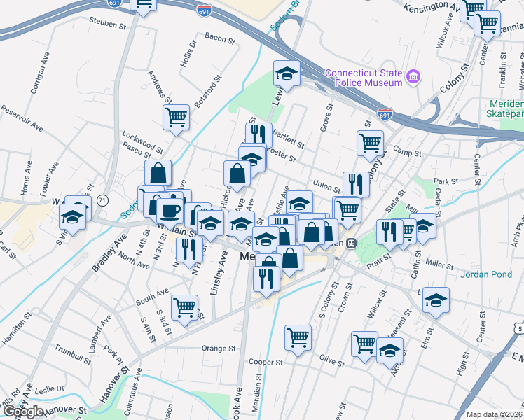 map of restaurants, bars, coffee shops, grocery stores, and more near 95 Goodwill Avenue in Meriden