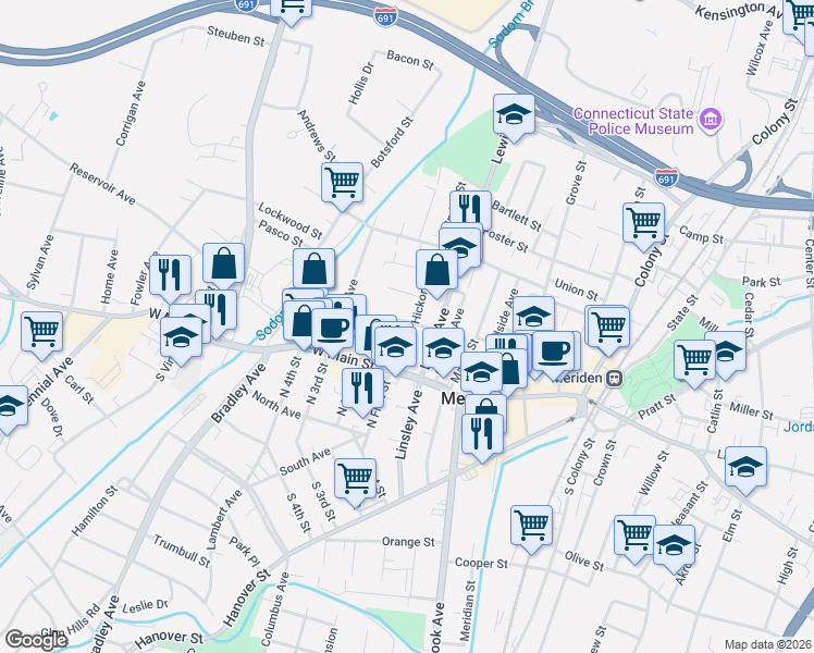map of restaurants, bars, coffee shops, grocery stores, and more near 24 Garden Street in Meriden