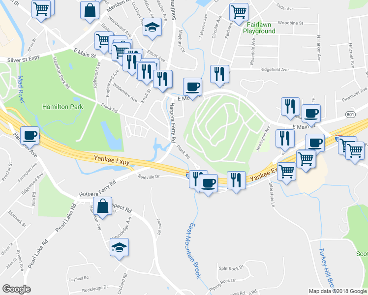 map of restaurants, bars, coffee shops, grocery stores, and more near 121 Harpers Ferry Road in Waterbury