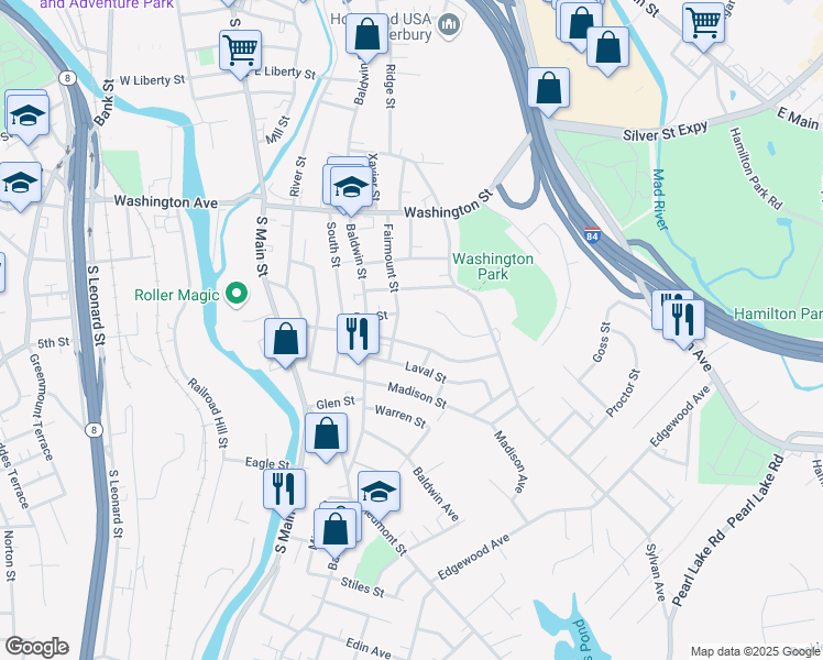 map of restaurants, bars, coffee shops, grocery stores, and more near 103 Fairmount Street in Waterbury