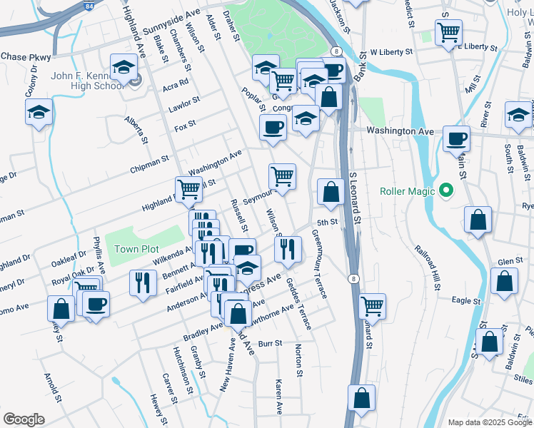 map of restaurants, bars, coffee shops, grocery stores, and more near 64 Seymour Street in Waterbury