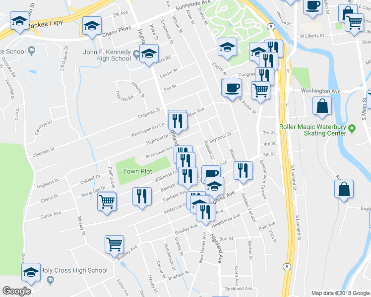 map of restaurants, bars, coffee shops, grocery stores, and more near 41 Suncrest Avenue in Waterbury