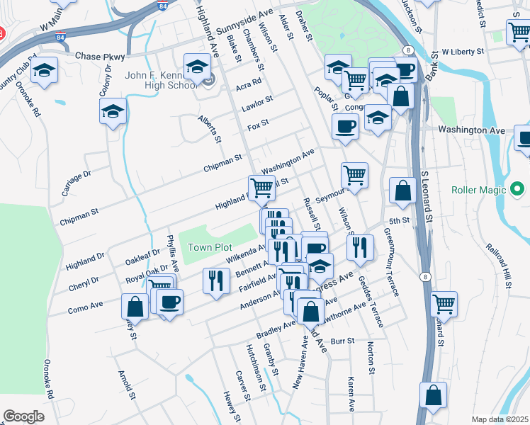 map of restaurants, bars, coffee shops, grocery stores, and more near 612 Highland Avenue in Waterbury