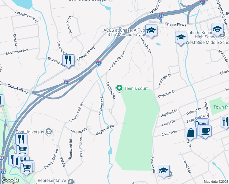 map of restaurants, bars, coffee shops, grocery stores, and more near 55 Eastfield Road in Waterbury