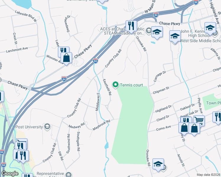 map of restaurants, bars, coffee shops, grocery stores, and more near 55 Eastfield Road in Waterbury