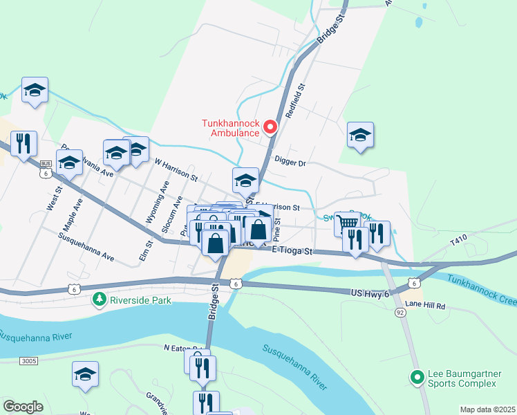map of restaurants, bars, coffee shops, grocery stores, and more near 140-164 Bridge Street in Tunkhannock