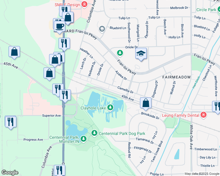map of restaurants, bars, coffee shops, grocery stores, and more near 9513 Cottonwood Drive in Munster