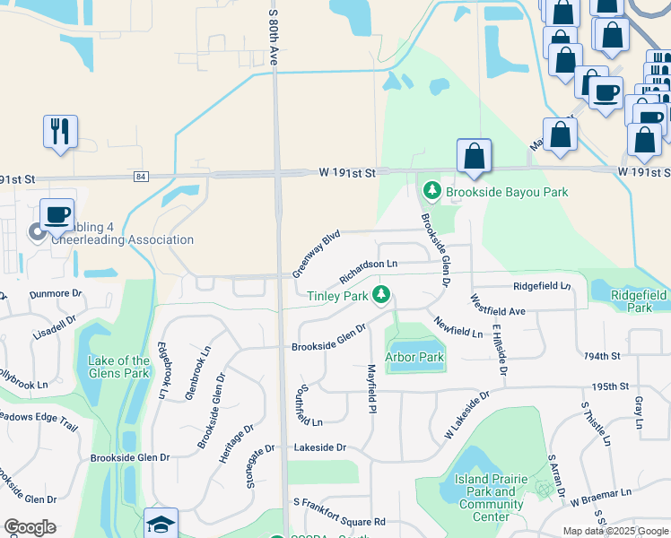 map of restaurants, bars, coffee shops, grocery stores, and more near 7928 Trinity Circle in Tinley Park