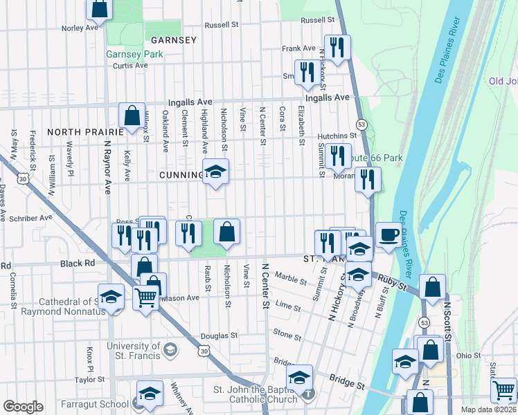 map of restaurants, bars, coffee shops, grocery stores, and more near 919 North Center Street in Joliet