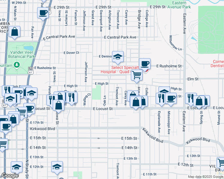 map of restaurants, bars, coffee shops, grocery stores, and more near 824 East High Street in Davenport
