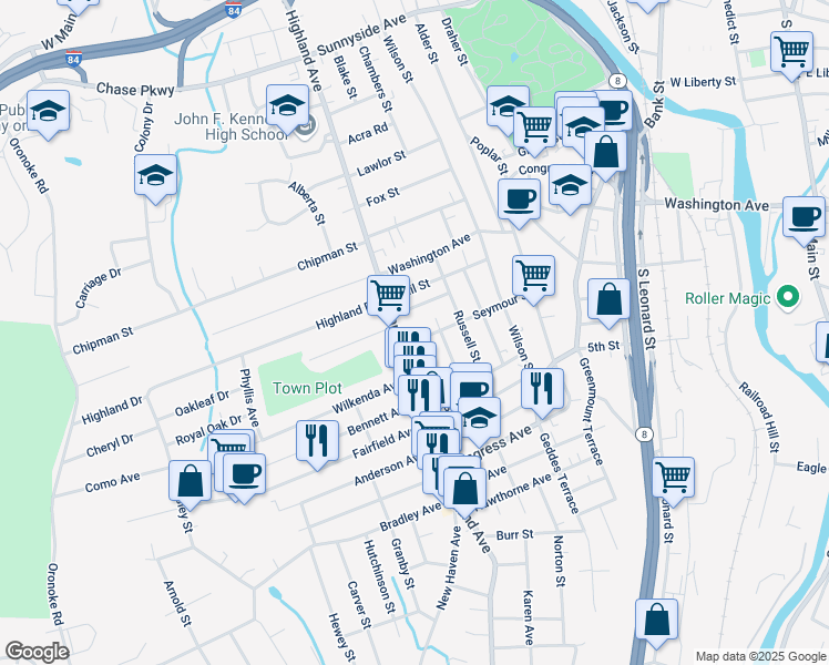 map of restaurants, bars, coffee shops, grocery stores, and more near 41 Suncrest Avenue in Waterbury